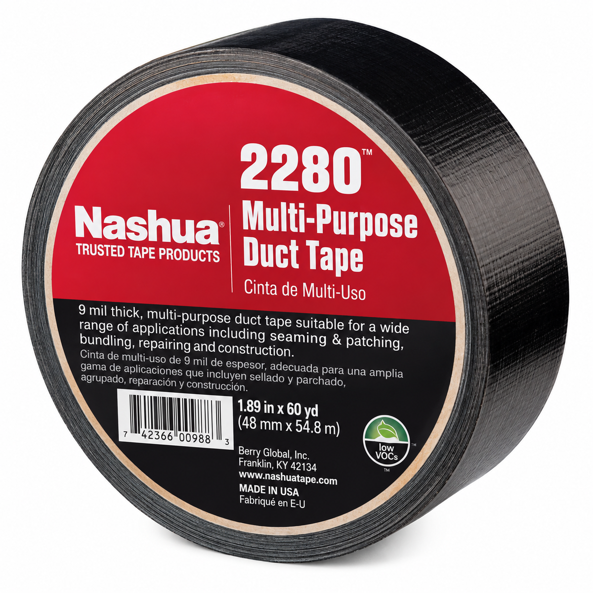 Nashua 2280 black multi-purpose duct tape 1.89 inch x 60 yard roll