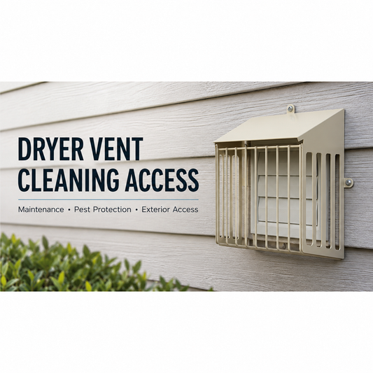 Defender Access+ dryer vent guard open for exterior dryer vent cleaning and pest protection