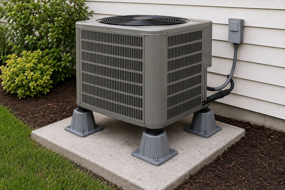 HVAC condenser elevated on equipment risers for proper installation and clearance