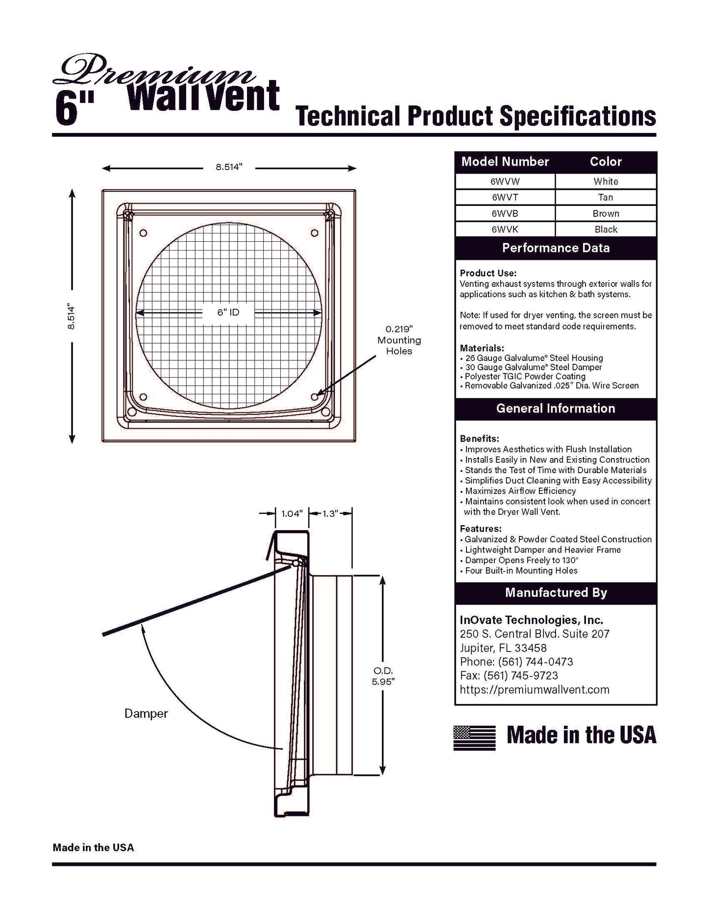 Inovate 6-Inch Low-Profile Exhaust Wall Vent - Powdered-Coated Finish