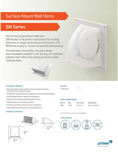 Primex Plastic Wall Cap Removable Screen Dryer Wall Vent High-Quality Easy to Install One Piece