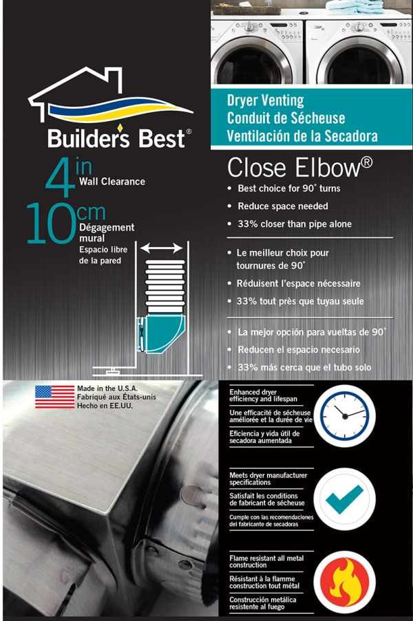 Builder’s Best 110108 4" Close Elbow – Tight-Clearance Dryer Vent Elbow with Clamp