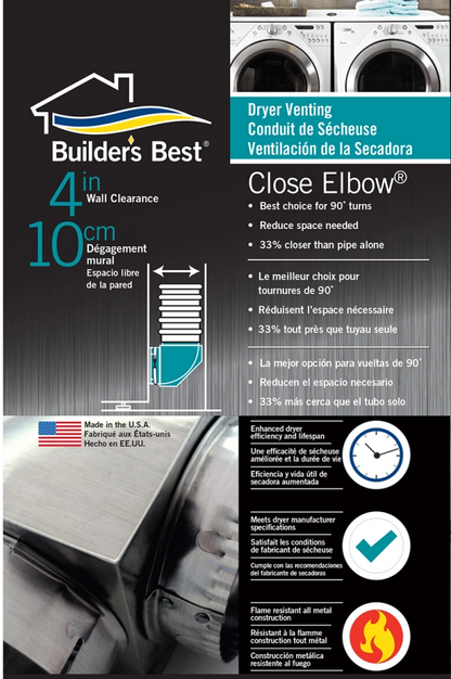 Builder’s Best 110108 4" Close Elbow – Tight-Clearance Dryer Vent Elbow with Clamp