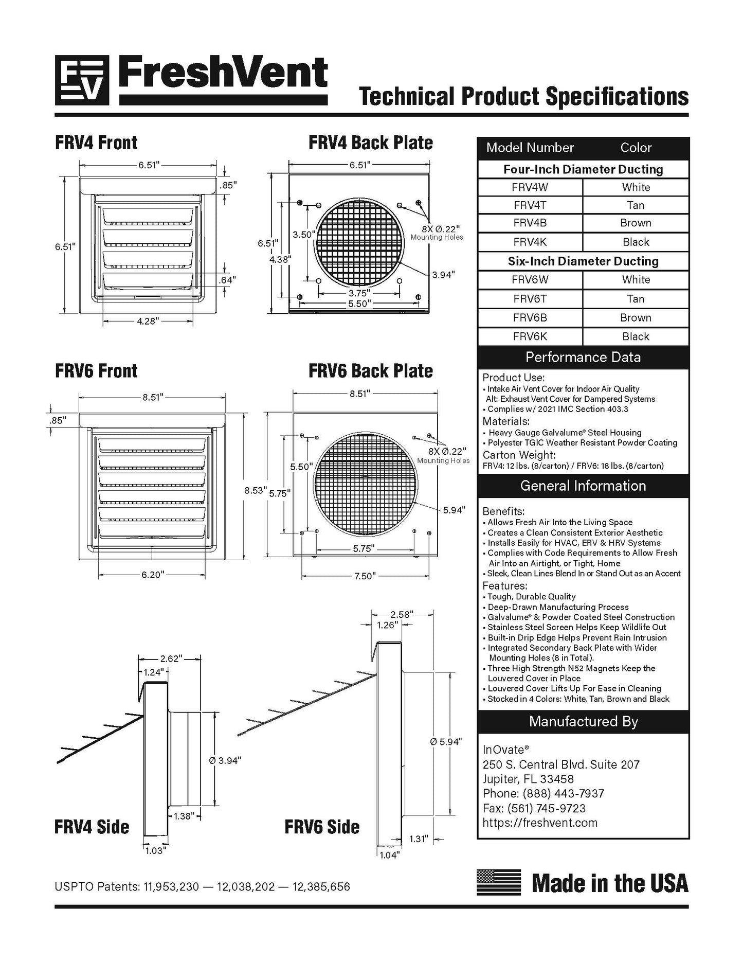FreshVent™ 4" or 6" Low-Profile Air Intake Vent – Powder Coated Galvalume Steel, Patented Vent Cover for ERV, HRV & Make-Up Air Systems