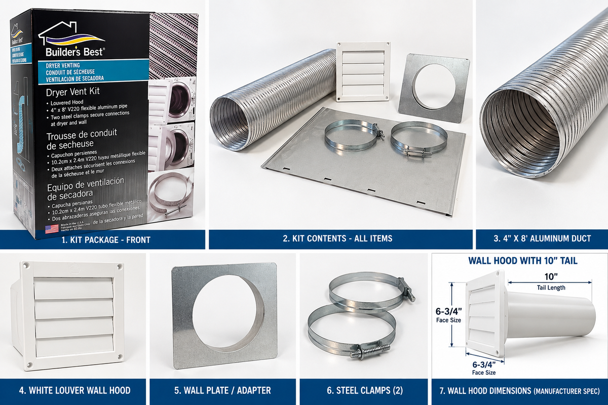 Builder’s Best 111405 4" x 8' Dryer Vent Kit – Aluminum Duct with White Louver Wall Hood