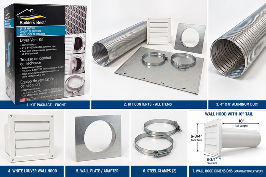 Builder’s Best 111405 4" x 8' Dryer Vent Kit – Aluminum Duct with White Louver Wall Hood