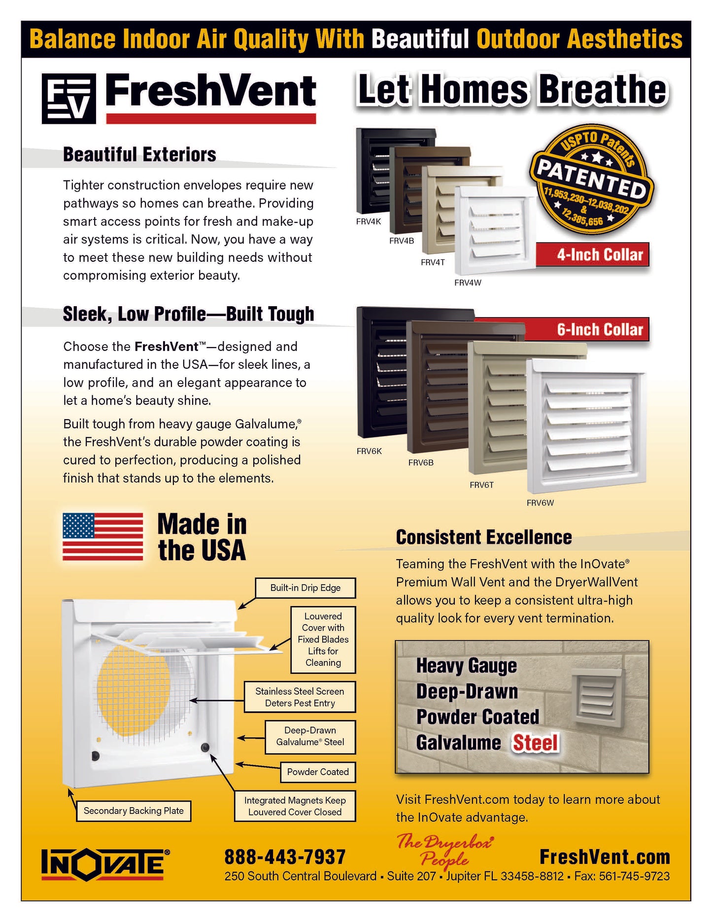 FreshVent™ 4" or 6" Low-Profile Air Intake Vent – Powder Coated Galvalume Steel, Patented Vent Cover for ERV, HRV & Make-Up Air Systems