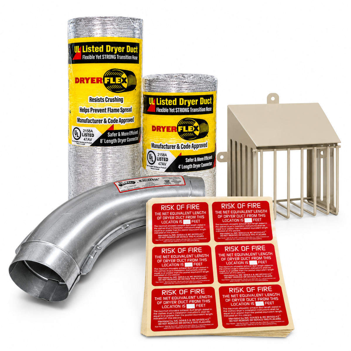 InOvate dryer vent accessories including DryerFlex, LT90 Dryer-Ell, Defender vent guard and dryer exhaust placards