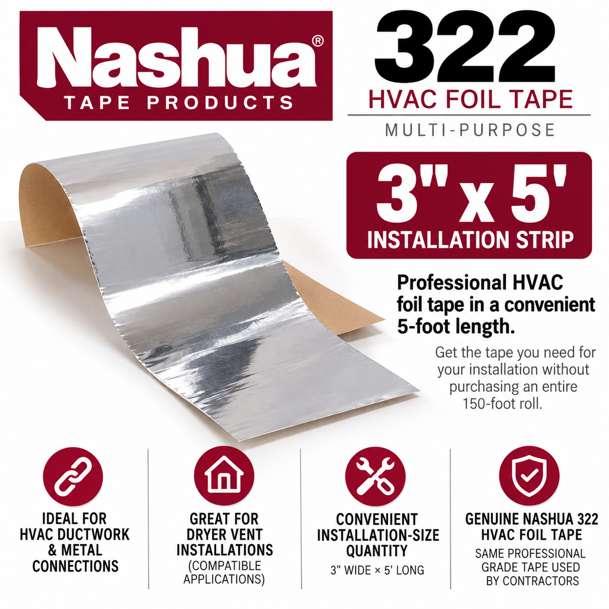 Nashua 322 HVAC aluminum foil tape 3 inch x 5 foot installation strip