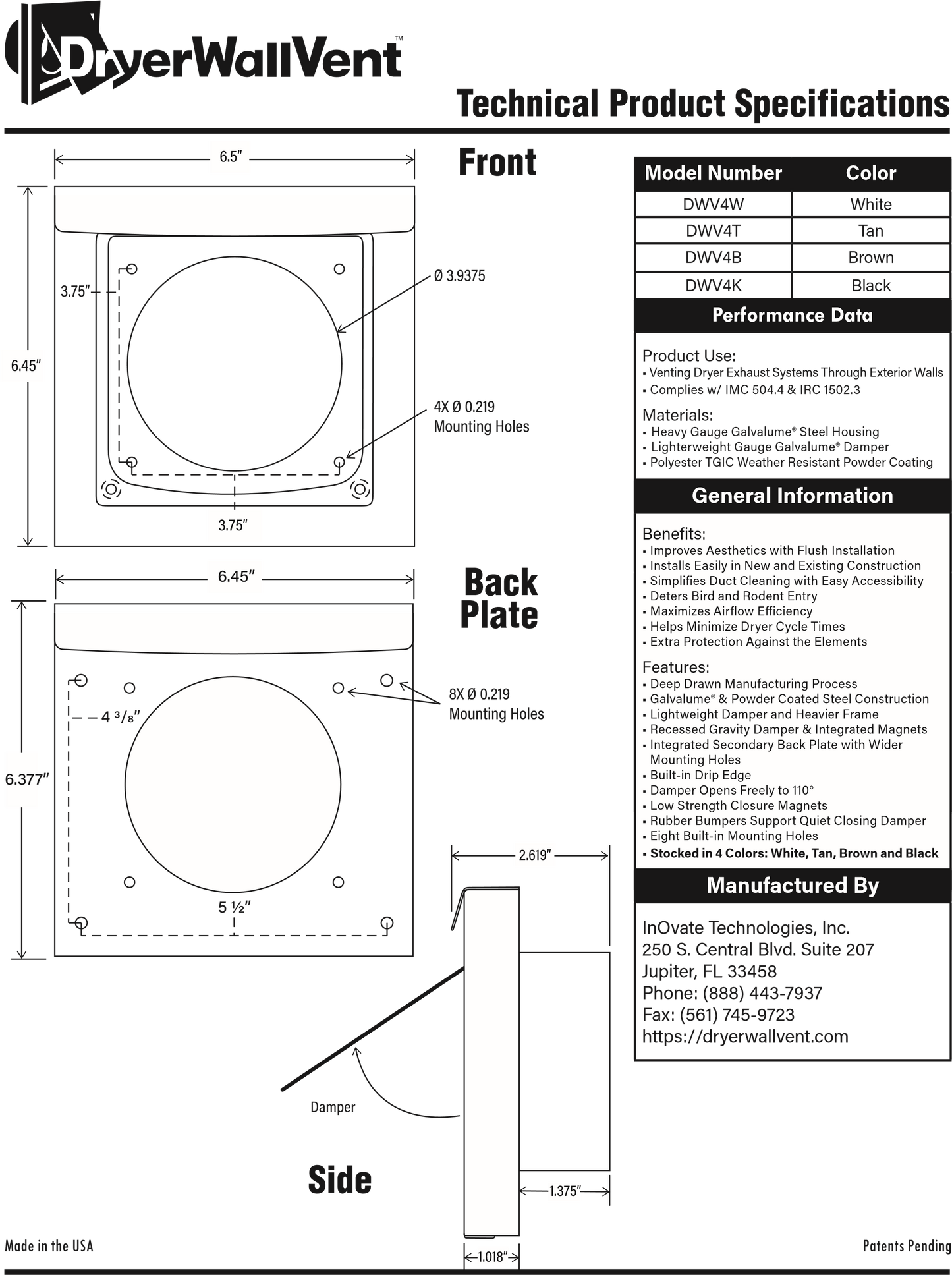 Inovate DWV4 4-Inch Metal Dryer & Bathroom Wall Vent