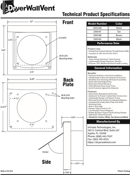 Inovate DWV4 4-Inch Metal Dryer & Bathroom Wall Vent