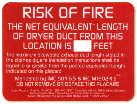 Ensure Code Compliance with PLAC34 Dryer Vent Label Placard